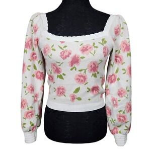Willow & Wind M Floral Knit Sweater Square Neck‎ Puff Sleeve Cottagecore Top